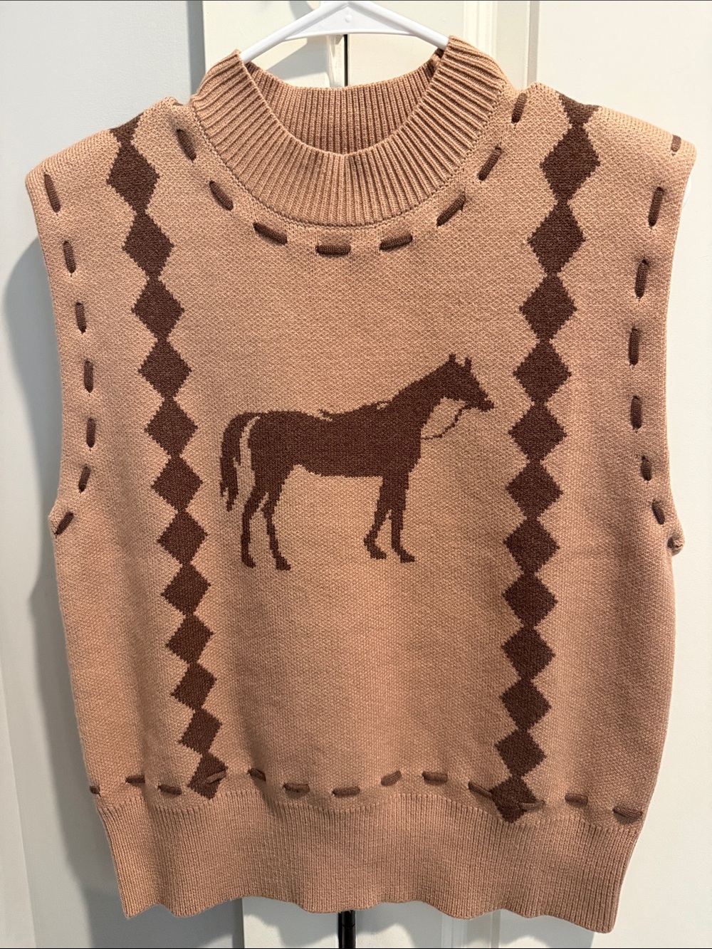 THML Beige and Brown Horse-Print Sleeveless Sweater Vest